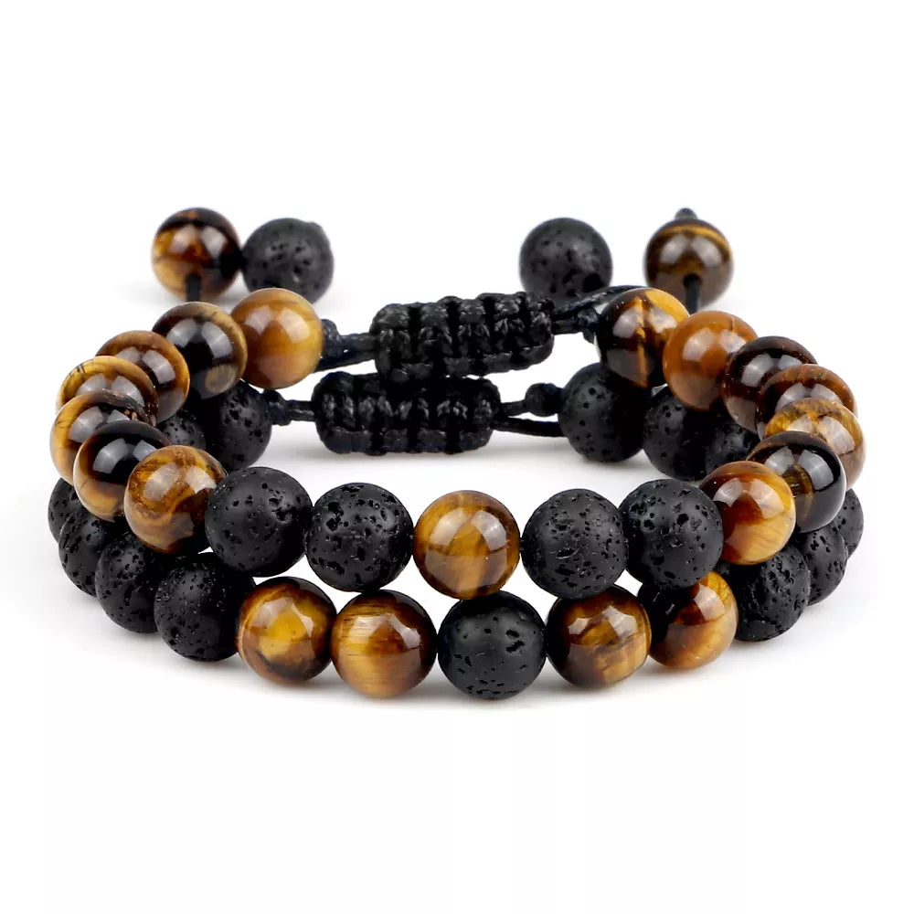 Lot De Bracelets Pierres Naturelles Pour Hommes - Œil De Tigre, Pierre De Lave - 8mm