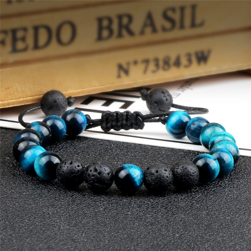 Bracelet Fait Main Pierre De Lave, Onyx Et œil De Faucon Bleu - Taille Sur Mesure, Sans Fermoir