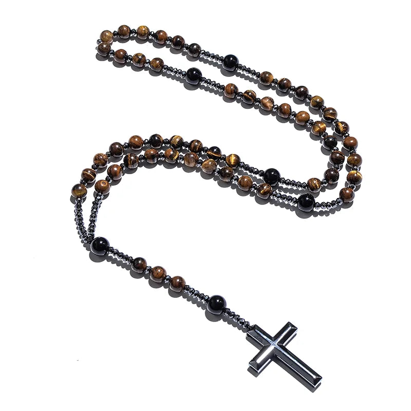 Collier Chapelet Catholique Homme Femme - Perles Roche Volcanique & Croix - Cadeau Baptême/Communion