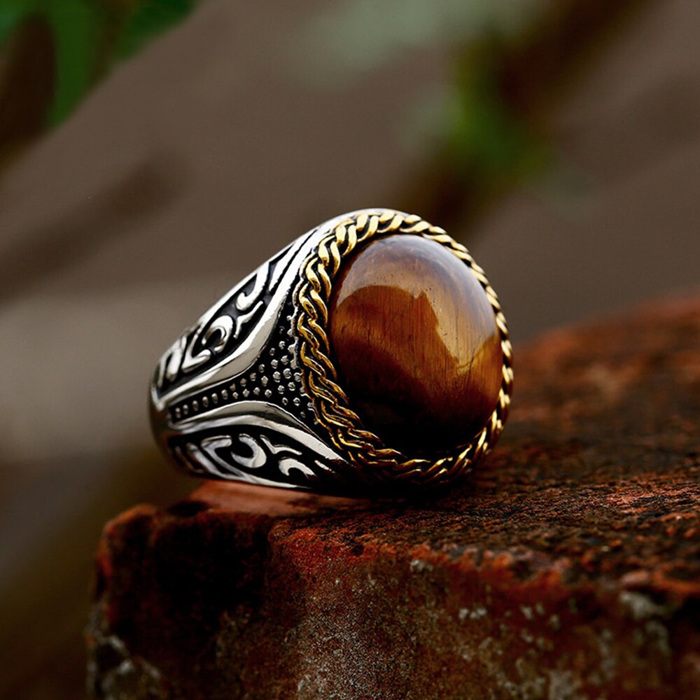 Argent 925 Bague Homme Oeil De Tigre Bague Homme Pierre Marron