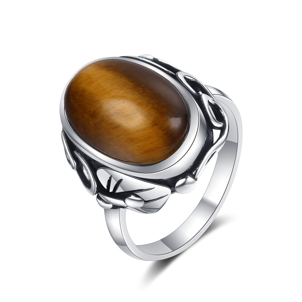 Bague Ancienne En Argent Massif 925 - Œil De Tigre Et Ambre - Taille 56 Vintage